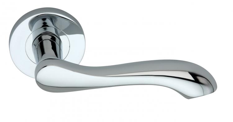 Door handle product image boasting a shiny chrome finish.