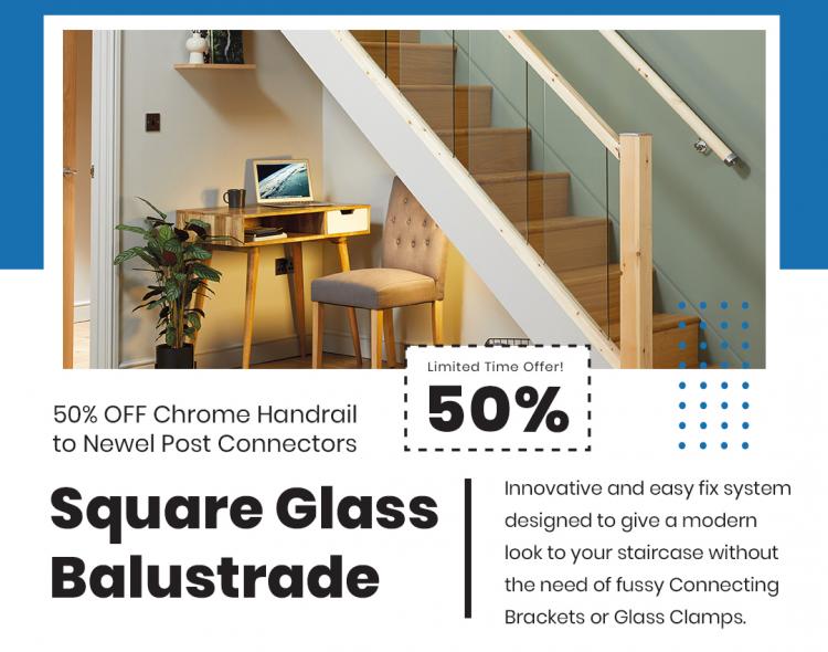 50% off Chrome Handrail to Newel Post Connectors at Blueprint Joinery.